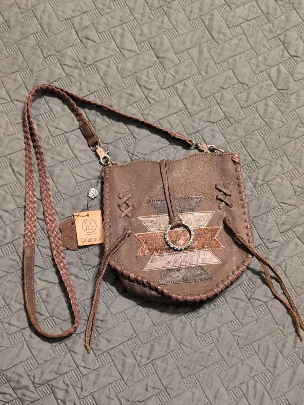 Brown Leather Crossbody Bag with Aztec Accent